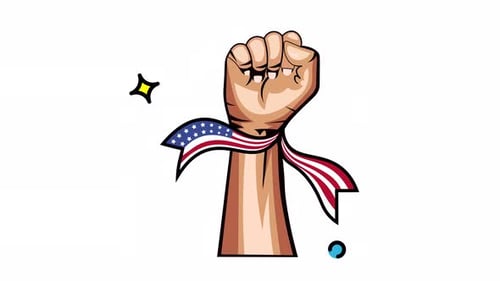 Animated Made in uk a Raised fist tied with an american flag.