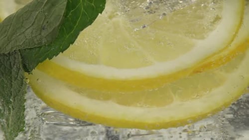 Close Up of Lemon, Mint and Ice Water