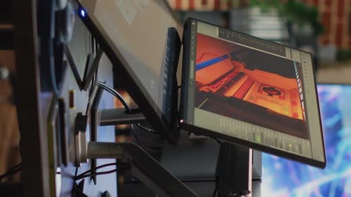 Vertikale, leere Videoelektronik mit mehreren Bildschirmen zur Entwicklung künstlerischer moderner Inhalte