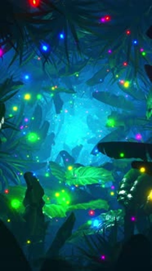 Flying through foliage in a dark jungle with lots of colorful fireflies. Vertical looped animation