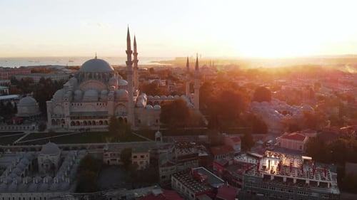 Istanbul aerial cityscape, Süleymaniye Mosque at color full sunset, Turkey