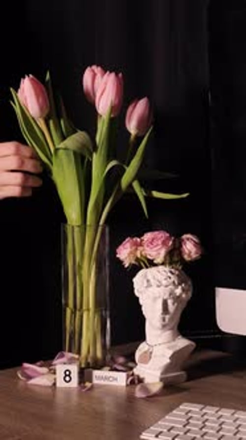 Hand Arranges Pink Tulips in Vase on Desk