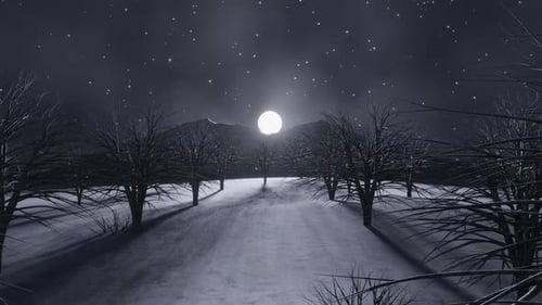 Moonlit Winter Night Landscape with Falling Snow
