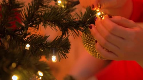 Decorating Christmas Tree With Gold Bauble Ornament