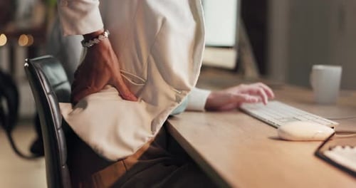 Body, closeup or woman with back pain injury, tired or bad ache in a office job late at night