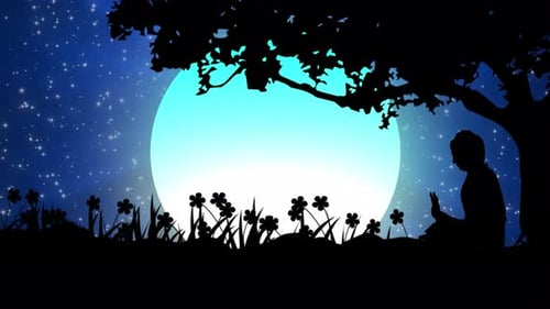 Buddha Meditation Silhouette Animation with Twinkling Stars and Full Moon