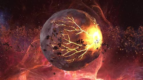 Dead red planet surrounded with asteroid belt and nebula.