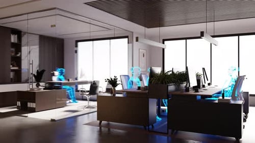 Futuristic Office with Digital Human Holograms