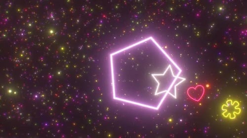 Fly Through Bright Neon Glowing Colorful Tunnel of Spinning Shapes