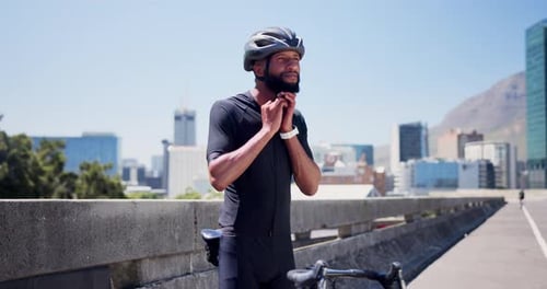 Bicycle, athlete or getting ready with helmet in city for training safety