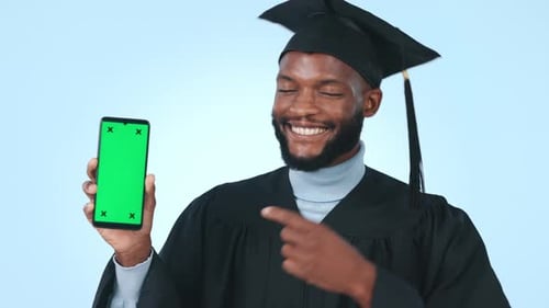Graduation, college student and green screen phone with ok sign for studio mockup website