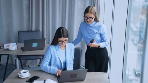 Female business managers working together. Young pretty lady office workers discussing.