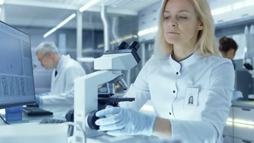 Scientist Uses Microscope in Modern Laboratory