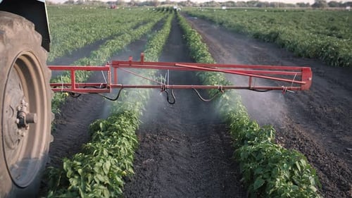 Pesticide Sprayer Tractor Working on a Large Green Field Sprays Vegetable Beds