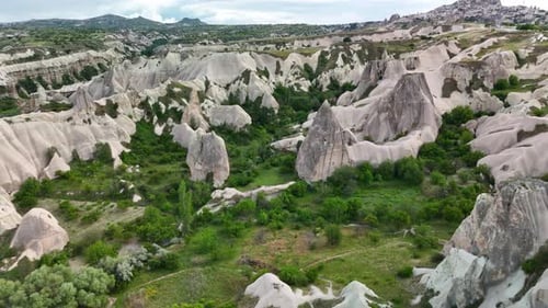 Aerial Drone View of Cappadocia Rock Formations in Scenic Turkish Landscape