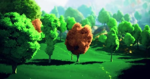 Colorful Trees Stand Out on Green Hillside During Bright Daylight in Nature