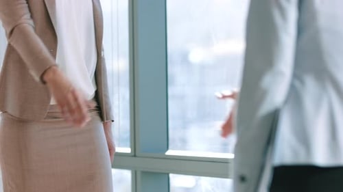 Businesswomen Shaking Hands in Bright Office