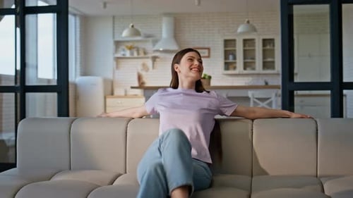 Carefree Woman Taking Sit Falling Couch at Home Cheerful Brunette Girl Rest