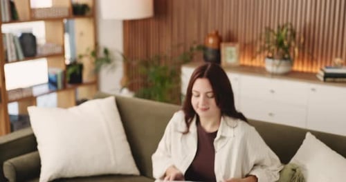 Woman, student and relax with tablet at house for research, education and university application