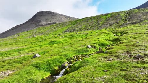 Spectacular Green Hills with Grass and Moss at Spring Season in Iceland Aerial View
