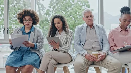 Business people, diversity and waiting room in row for hiring, recruiting