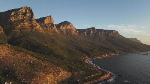 Cliffs Of Table Mountain At Sunset In Cape Town, South Africa. Aerial Wide Shot