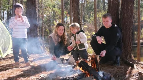 Loving Family Enjoying Themselves By a Warm Campfire in the Forest The Family is Filled with