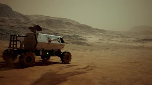 Futuristic Space Rover Exploring Alien Desert Landscape