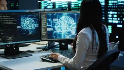 Technicians Coworkers Using AI Tech on Computer to Do Data Center Checkup