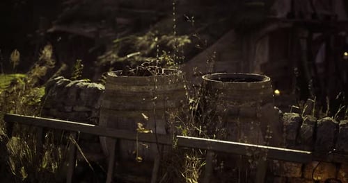Rustic Wooden Barrels and Stone Wall in Warm Evening Light