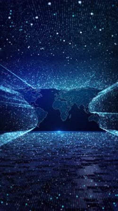 Digital globe of Earth glowing data points network connections dark background. Worldwide links on p