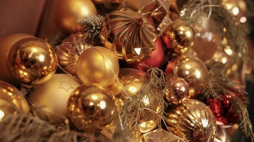 Christmas Golden Tree Decorations Close Up New Year Decor