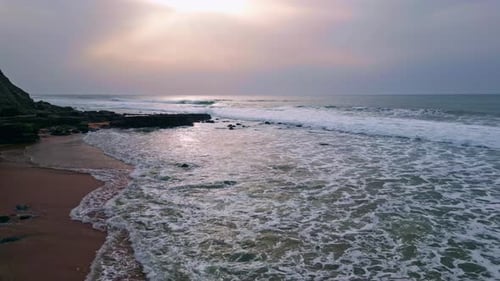Tranquil Ocean Gloomy Landscape Zoom Out Ripple Waves Rolling to Sandy Coast
