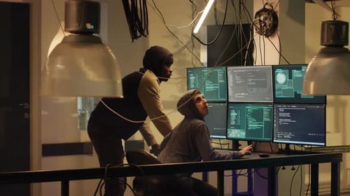 Two People Working at Computer Bank