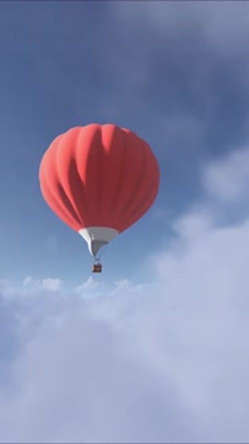 Red Hot Air Balloon Flying Up Through Clouds in Blue Sky