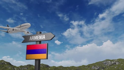 Armenia Flag With Airplane And Arrow Sign