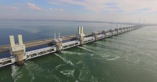 Aerial: The famous storm surge barrier in the south west of the Netherlands.