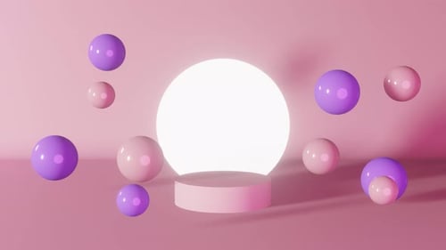 Podio cilíndrico de neón rosa púrpura, esferas voladoras brillantes en el escenario, pedestal redondo, animación en 3D