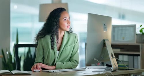 Typing, search and computer with black woman in office for email, planning
