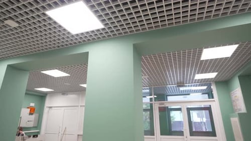 Modern Hallway with Mint Walls and Doors in Public Building