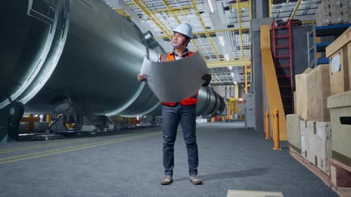 Asian Male Engineer Looking At Blueprint And Looking Around In Pipe Manufacturing Factory