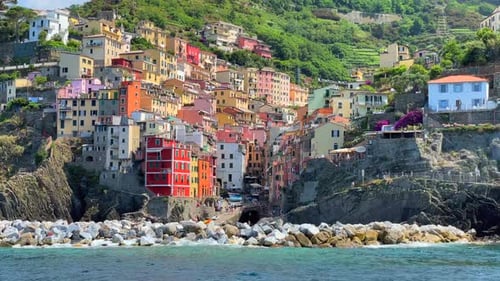 Aerial 4K footage of Riomaggiore, Cinque Terre in Italy.