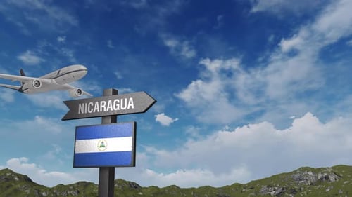 Nicaragua Flag With Airplane And Arrow Sign