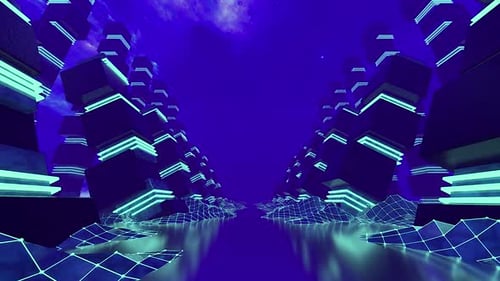 Simulate a futuristic cyberpunk city with blue and purple light lines.