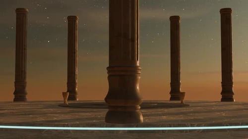 Temple antique avec des colonnes sur le dessus et un bol avec un feu au milieu