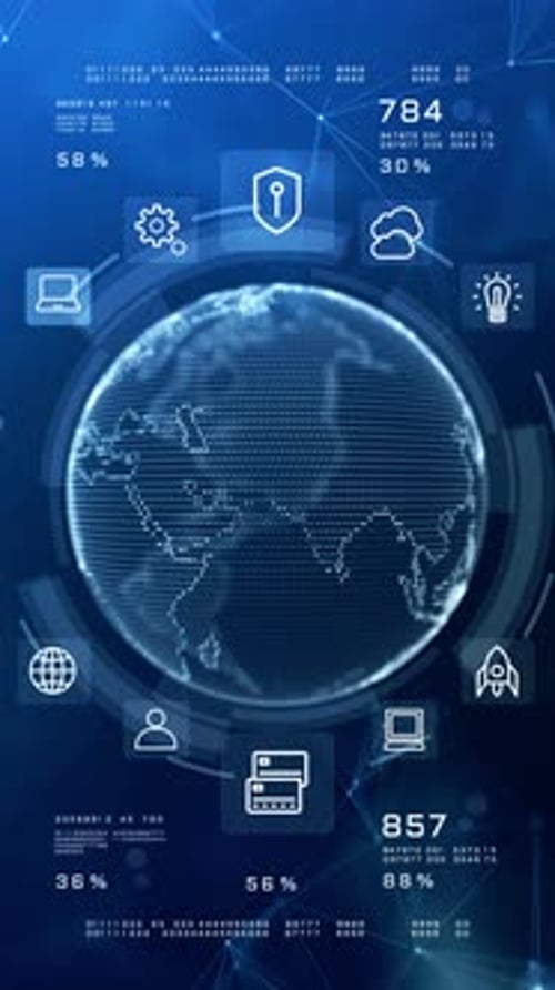 Futuristic Digital Global Data Network with Technology Icons