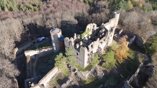 Aerial video above Helfenburk u Bavorova castle ruins aerial view in Czech Republic