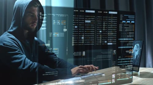Un cyberhacker futuriste opérant sous le couvert d'Anonymous utilise des algorithmes avancés pour renseigner