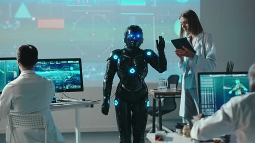 Qualified Team of Professional Robotic Engineers Perform Artificial Intelligence Testing Black