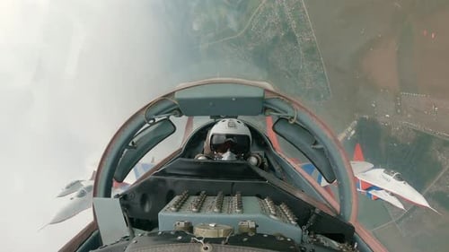 Pilot inside cockpit control plane flight Russia. Fighter jet flying air show.